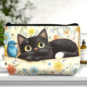 Cosmetic Bag Makeup Black Cat Bird Flowers Clutch Pouch Travel Storage Kitty NEW